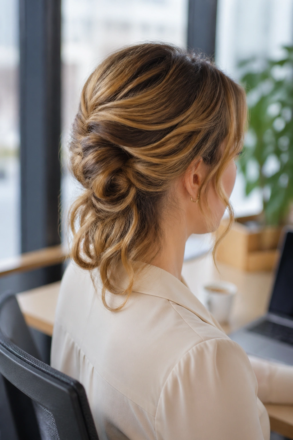 Three-quarter back profile of a person with a loose French twist and wavy ends in an office.