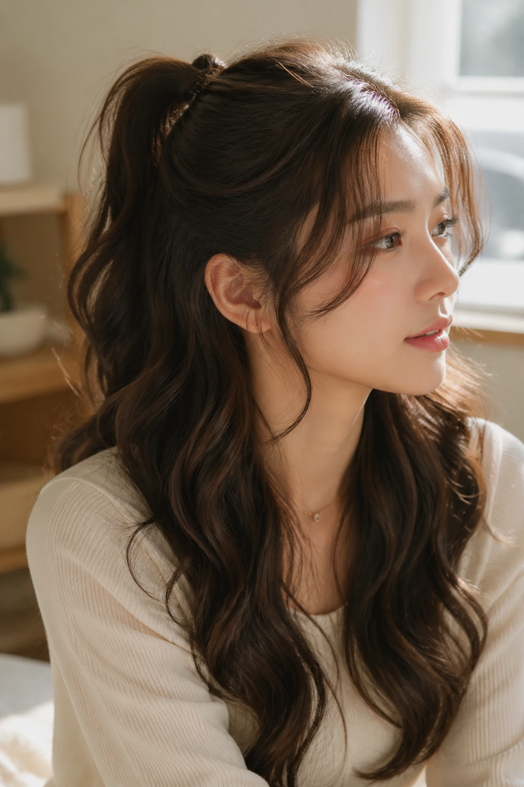 Real woman with half ponytail and loose S-waves in warm window light