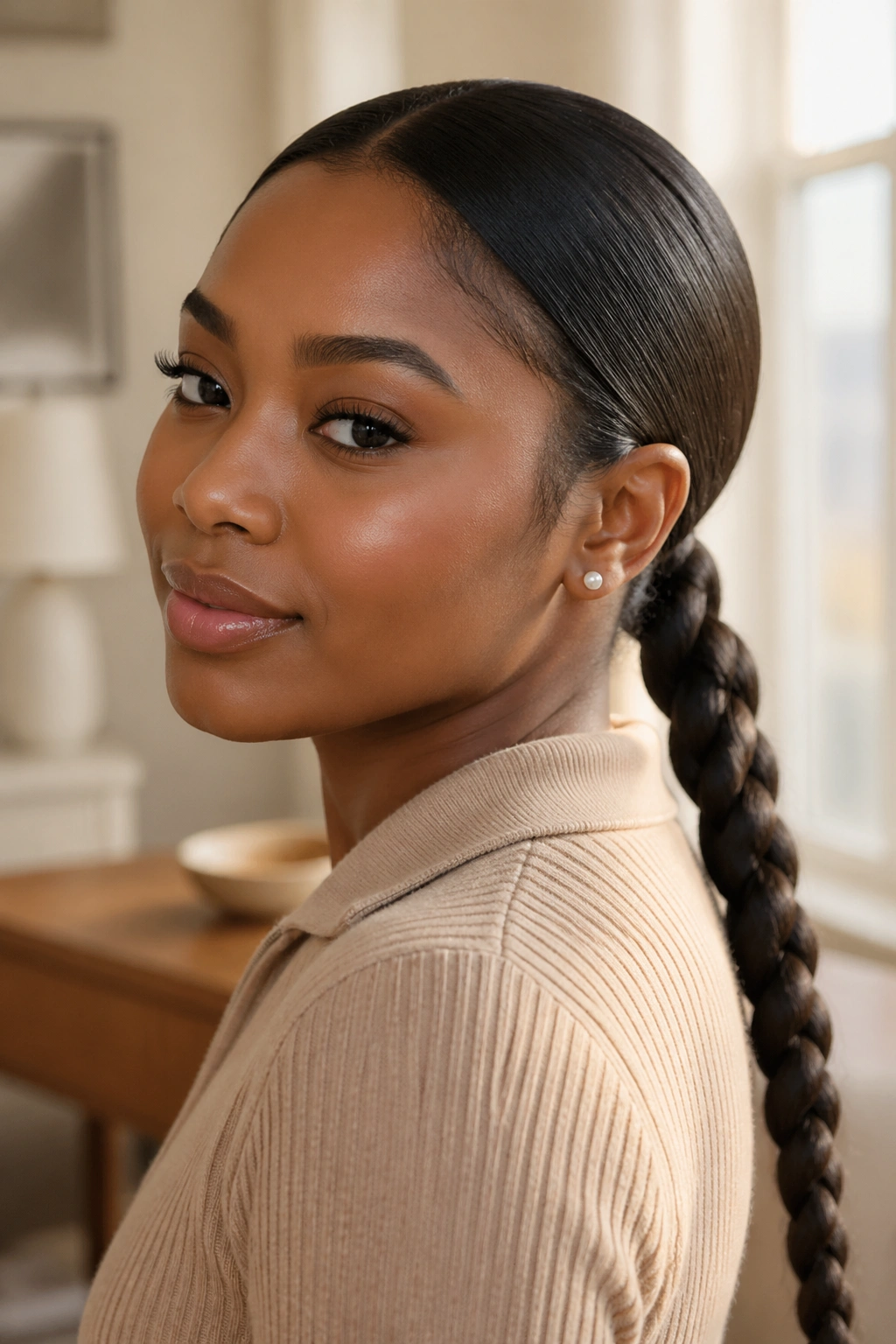Close-up portrait of a real person with a sleek low braided ponytail at the nape under warm window light