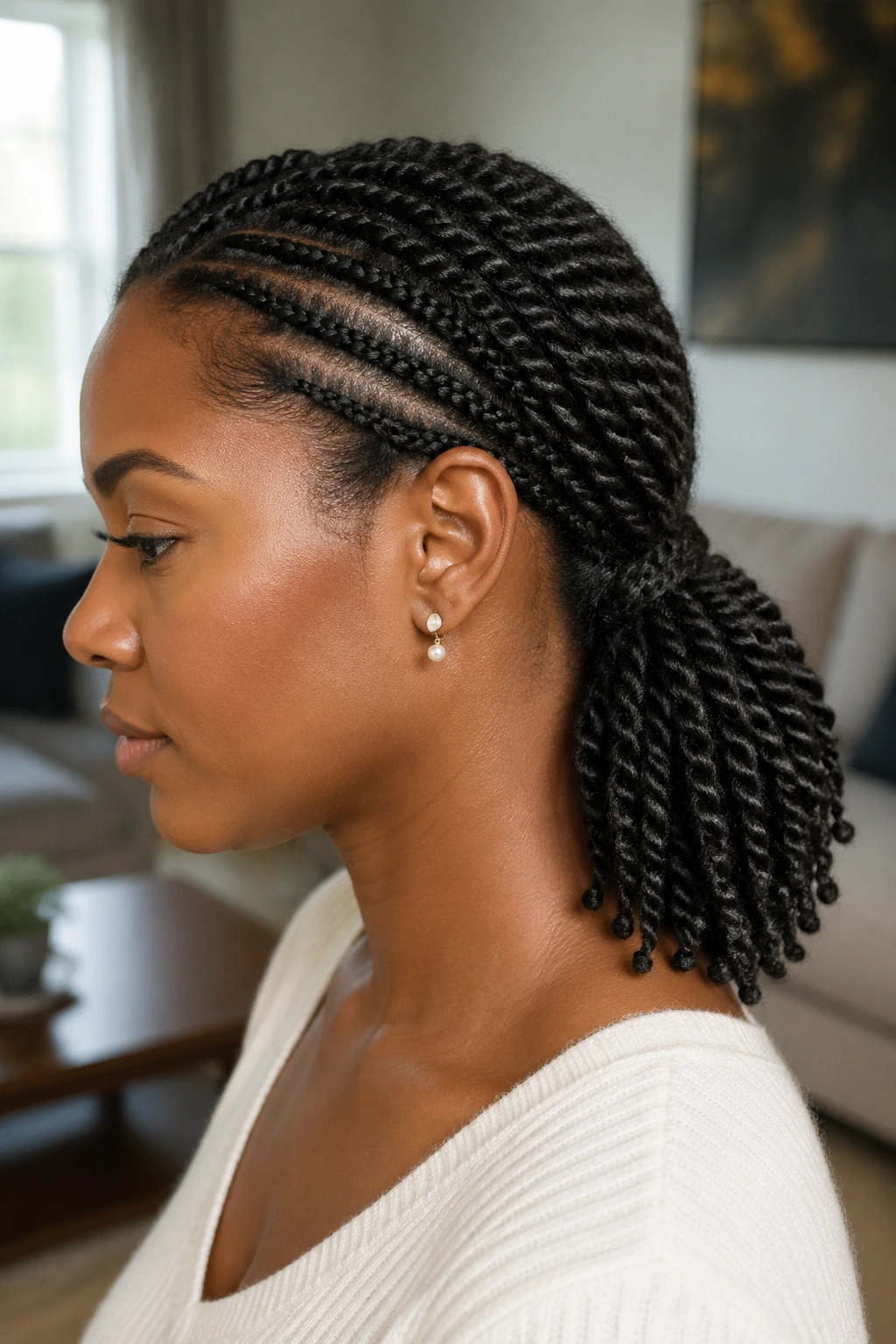 Close-up of a real woman with a low braided-to-twist ponytail, showing a tight braid at the scalp transitioning to twists.