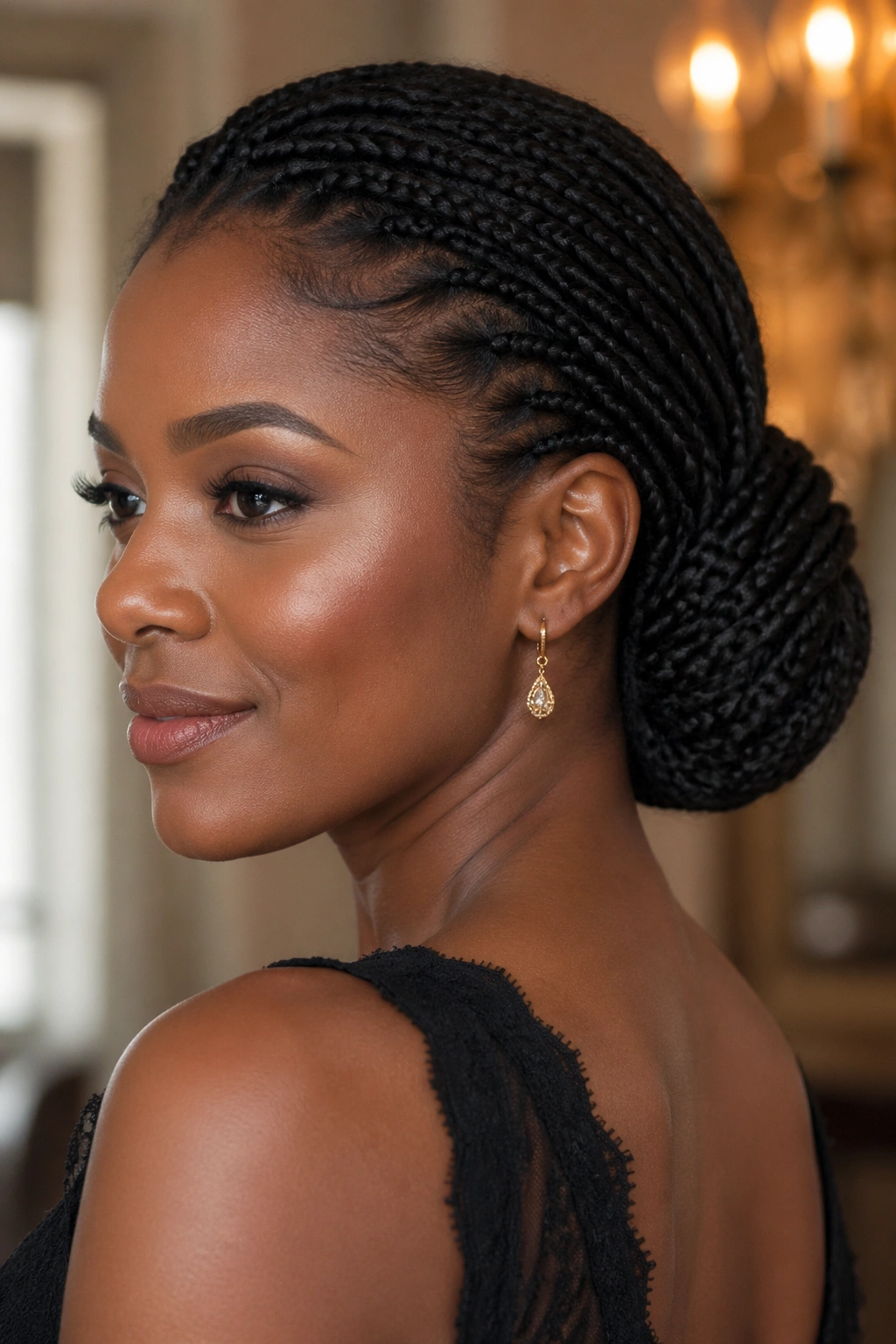 Real woman with braids tucked into a low bun at the nape.