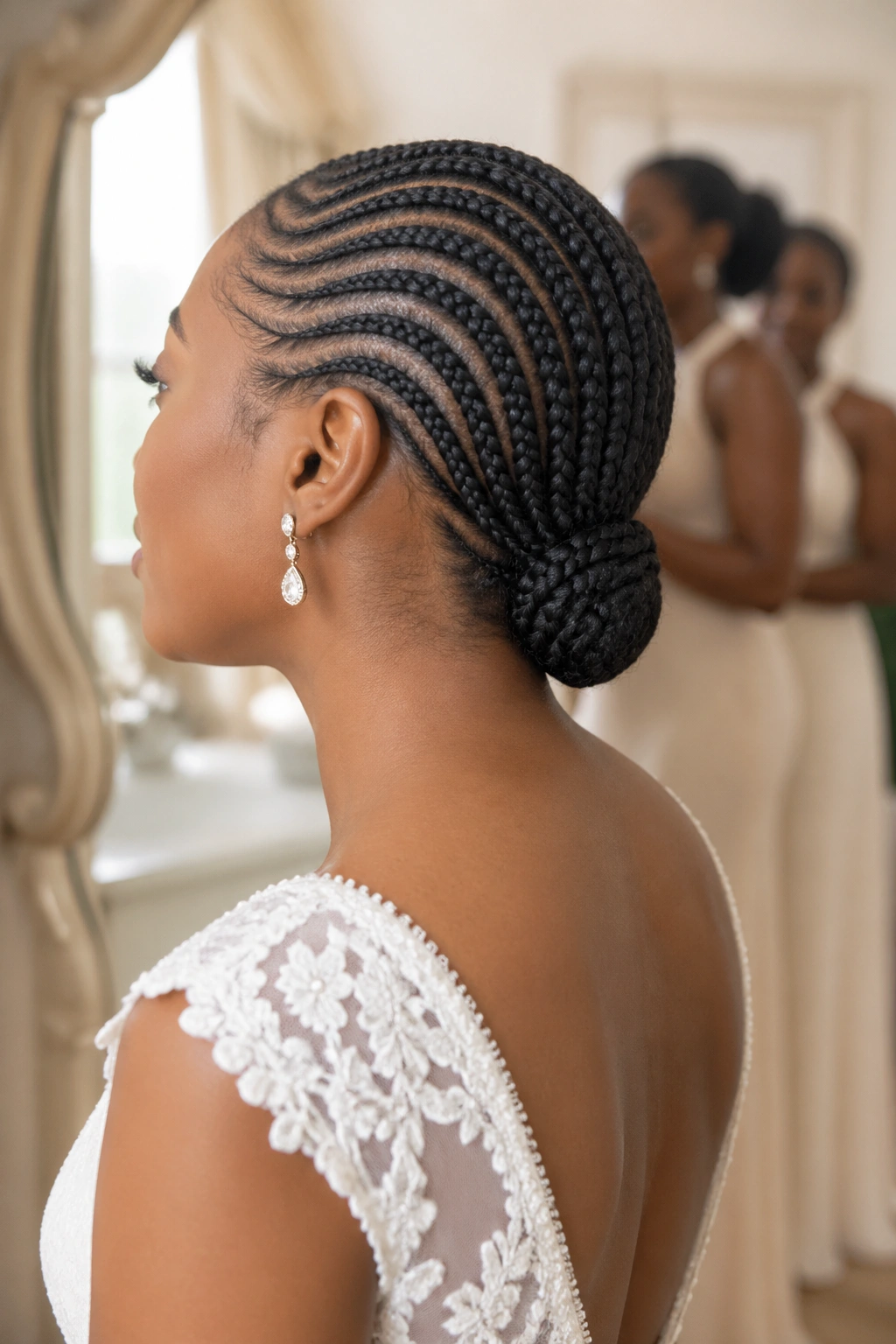 Rear/profile view of real person with a low bun made from small feed-in cornrows.