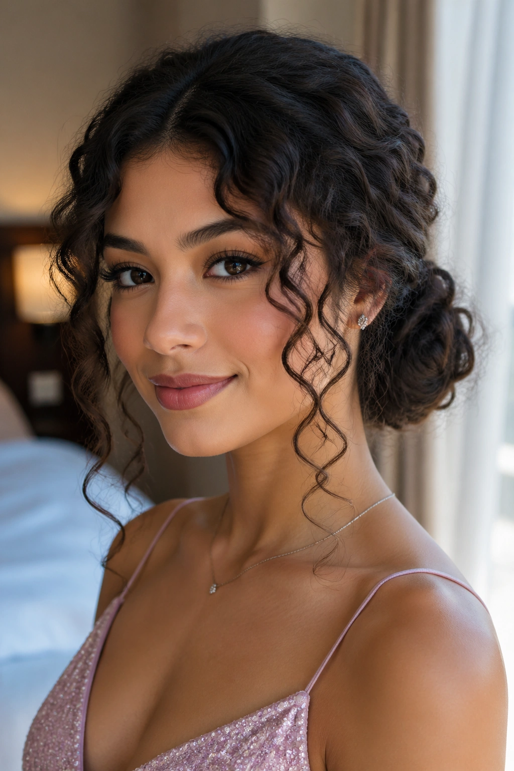 Close-up of real woman with a low bun and face-framing curls in soft window light
