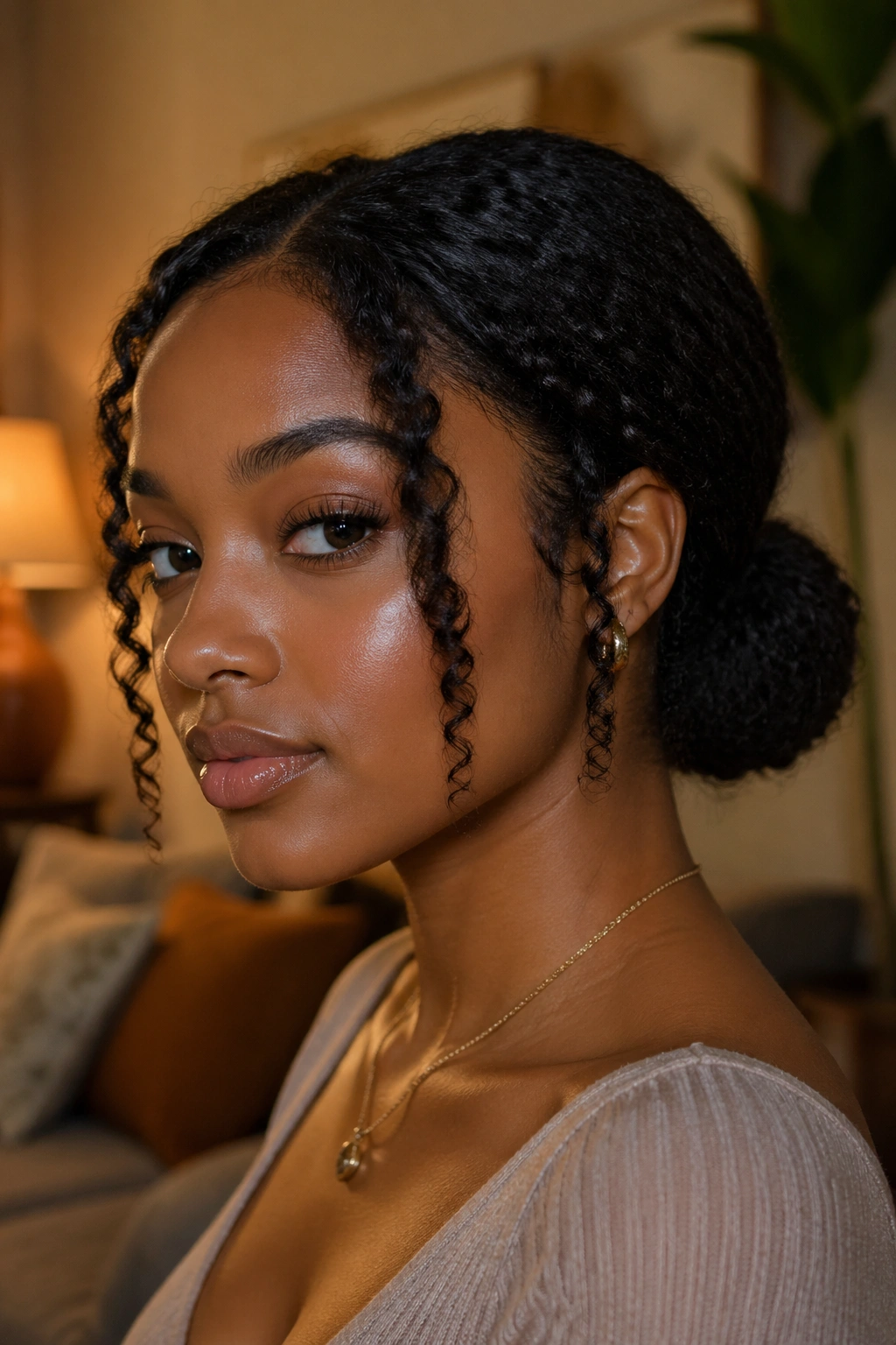Close-up of a person with a low bun and face-framing tendrils