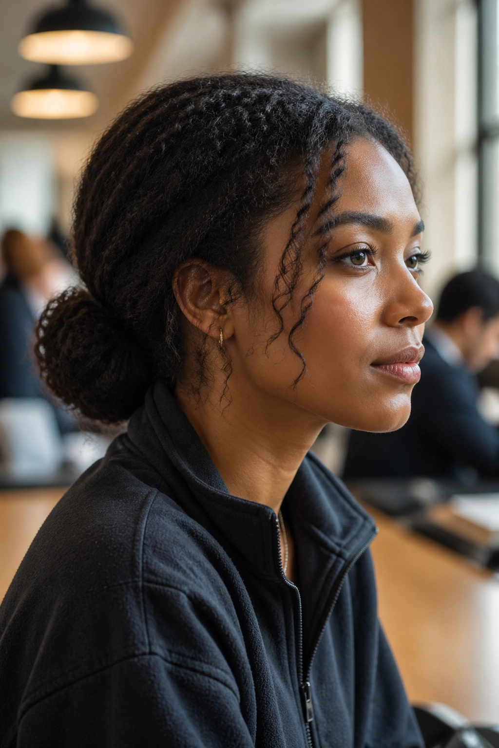Close-up of a real person wearing a low bun with natural textured hair