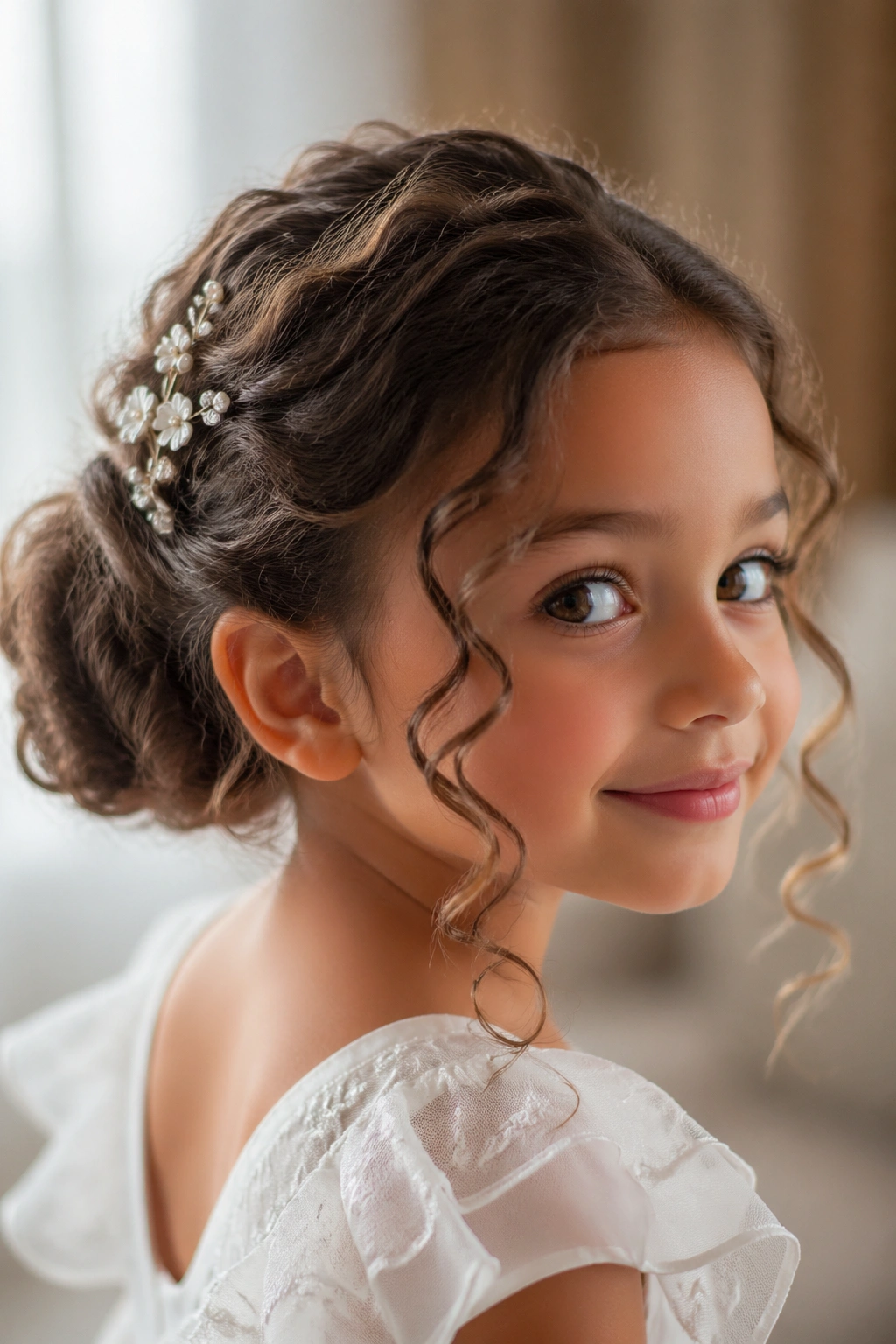 Close-up of a child wearing a low bun with face-framing ringlets and soft tendrils