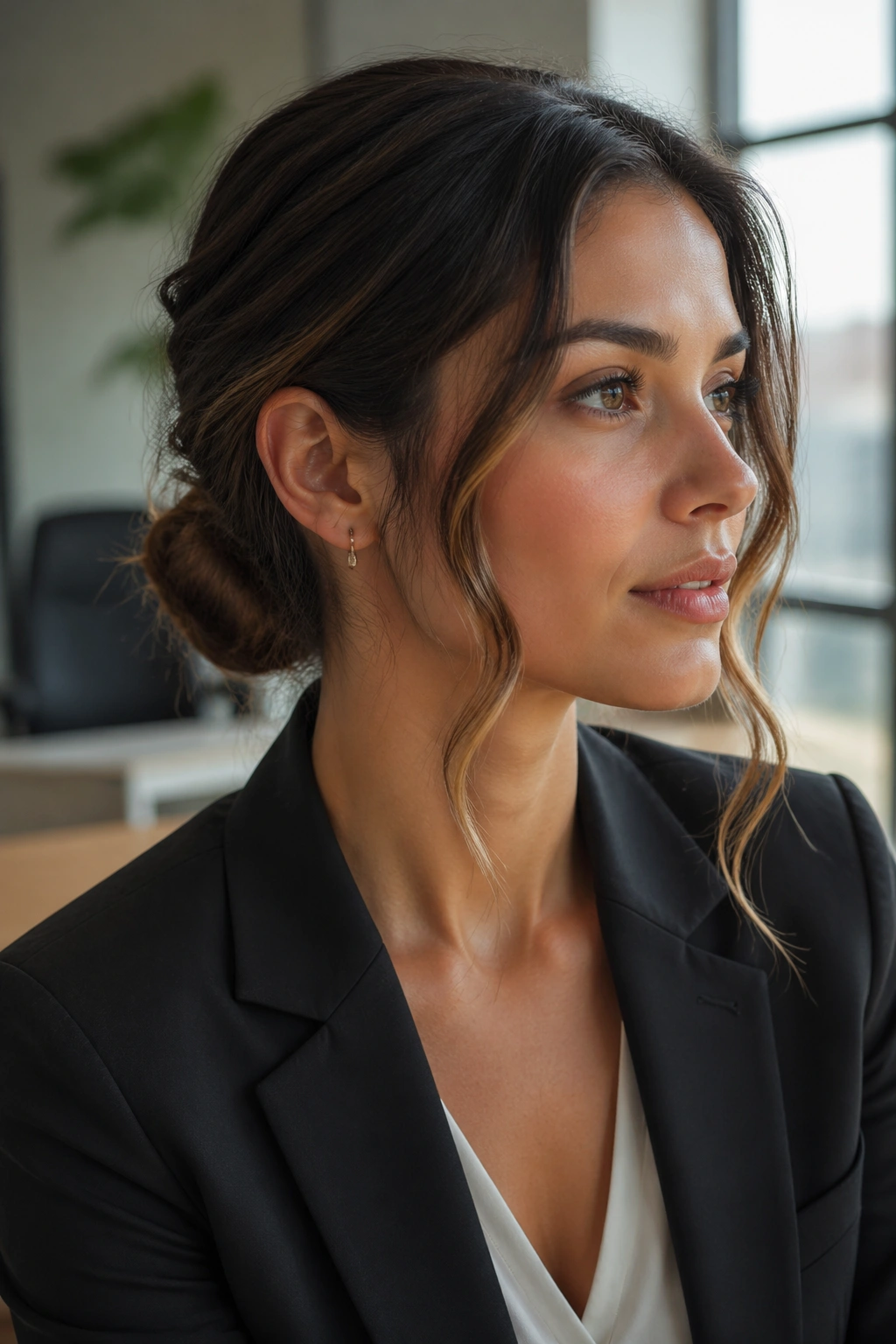 Close-up portrait of a woman with a low bun and face-framing waves in an office setting
