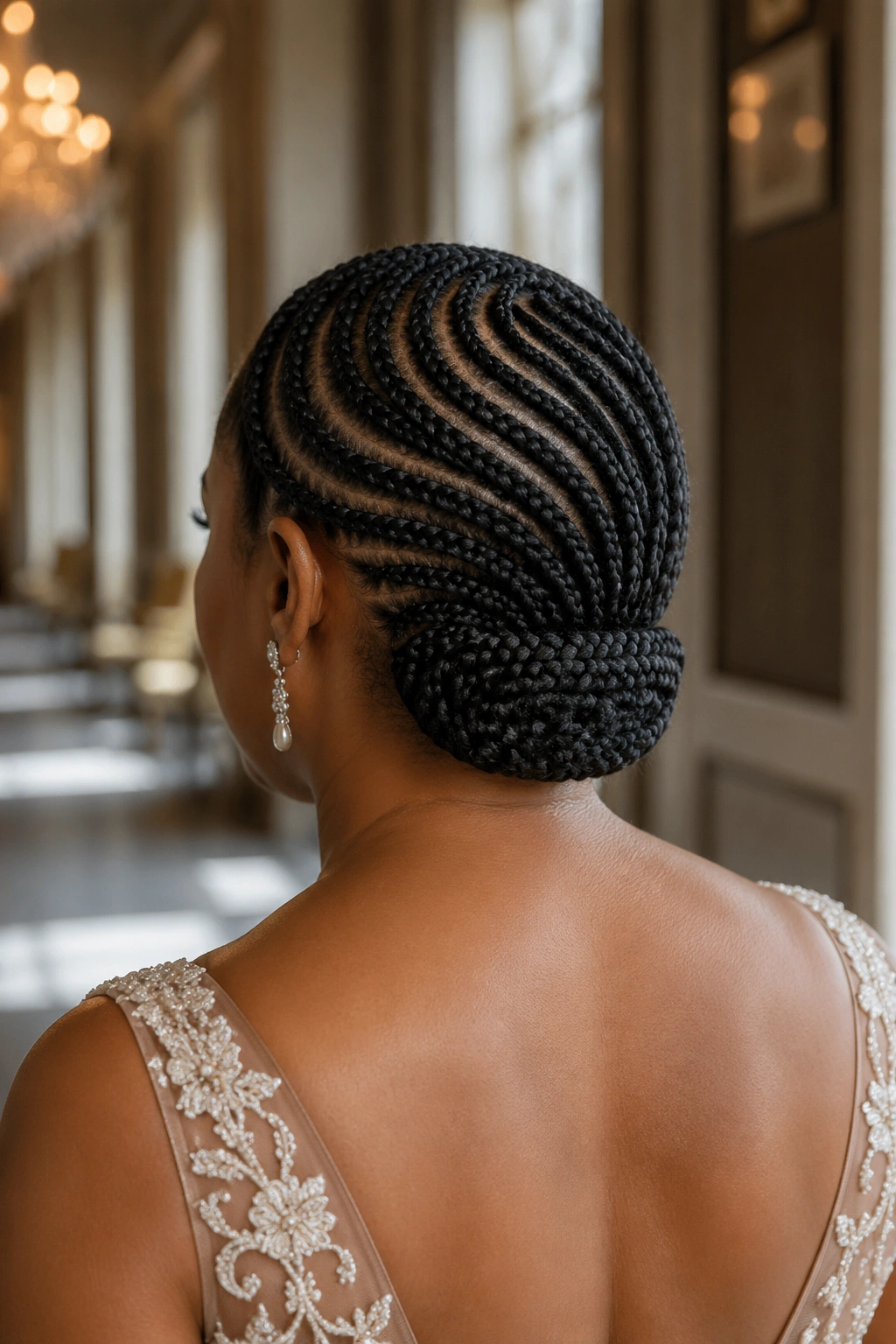 Rear view of a woman with a flat, curved chignon formed by curved feed-ins at the nape.