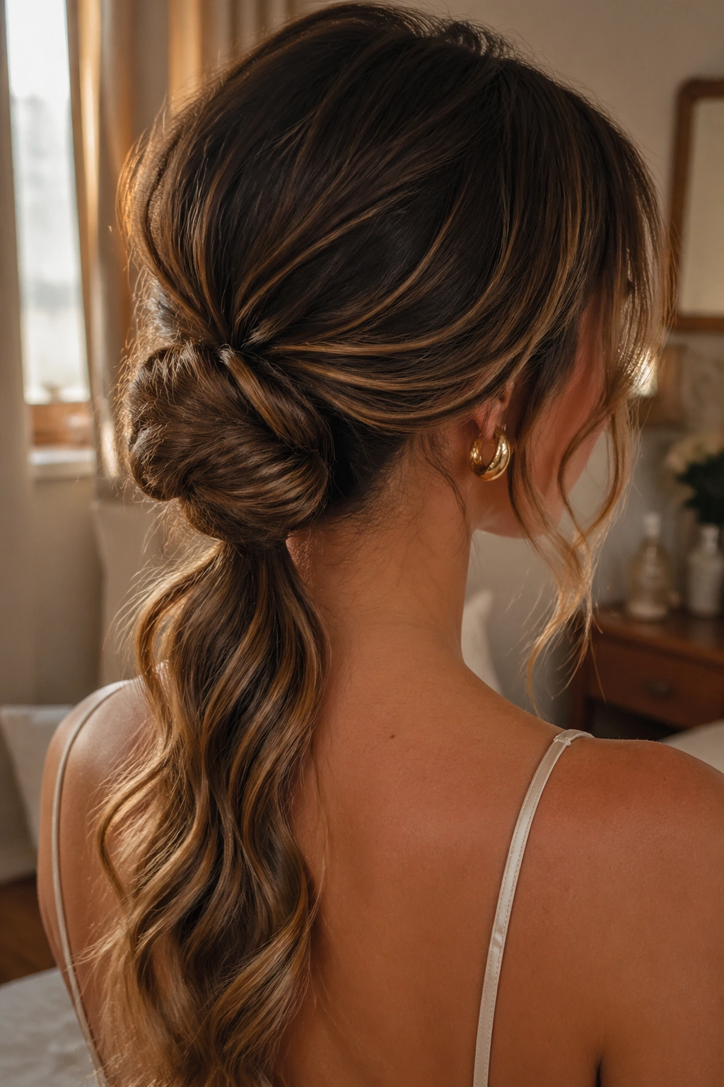 Real woman from behind showing a low chignon with a wavy tail