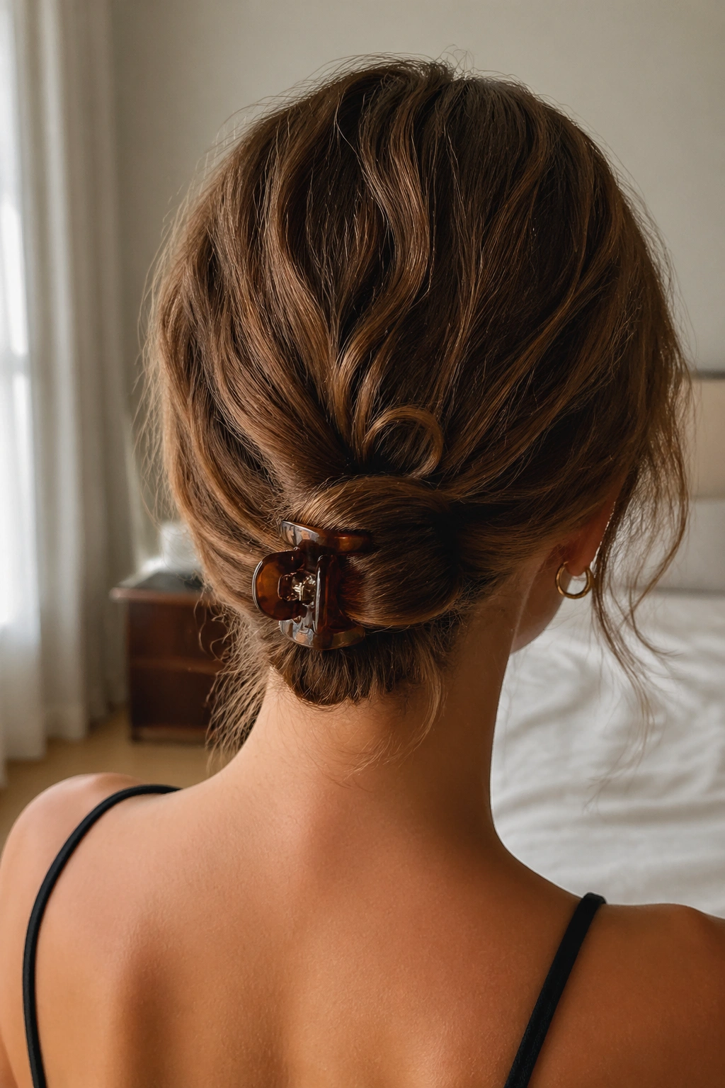 Back-of-head close-up of a real woman with a low claw-clip twist at the nape.
