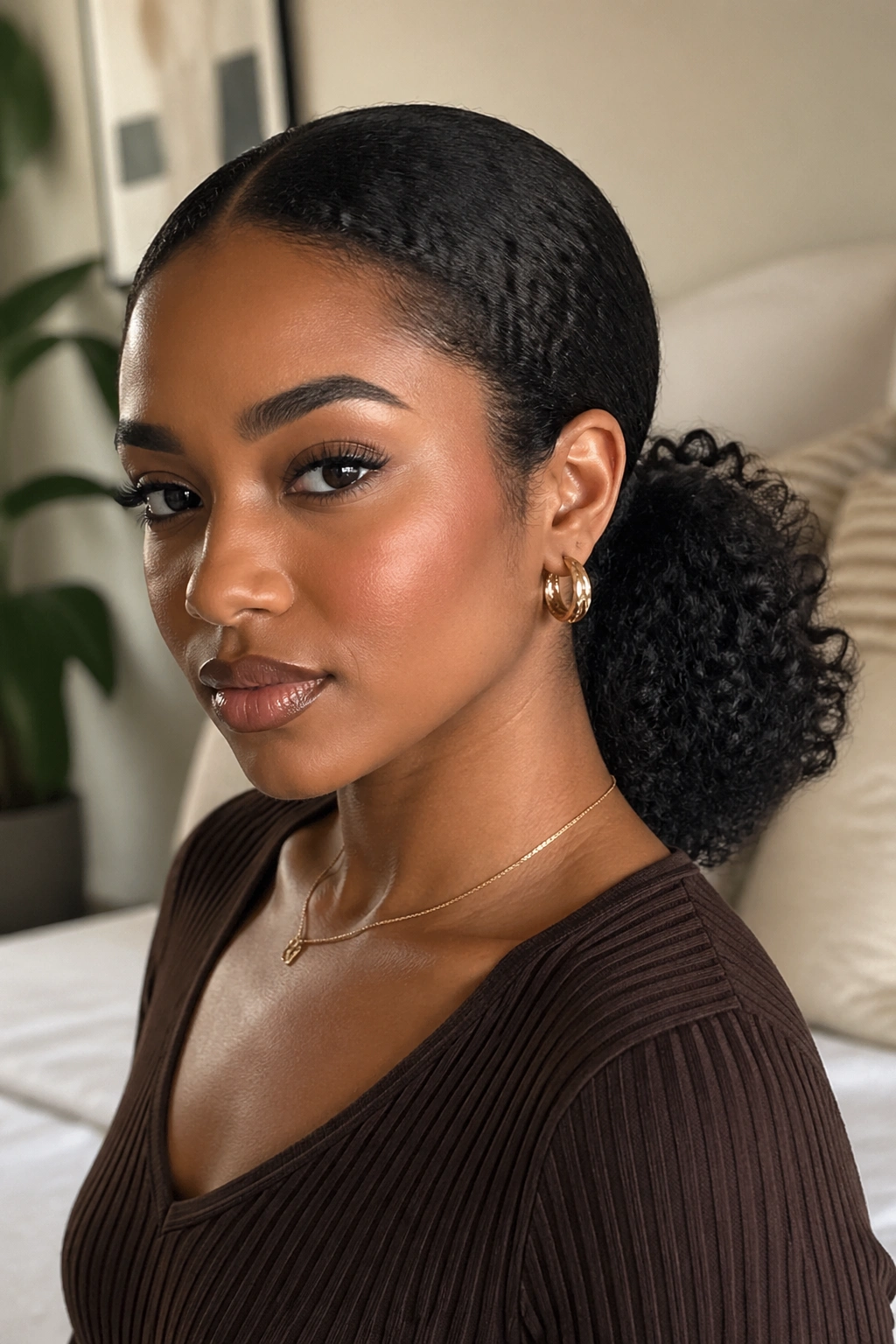 Close-up of a woman with a low curly ponytail at the nape