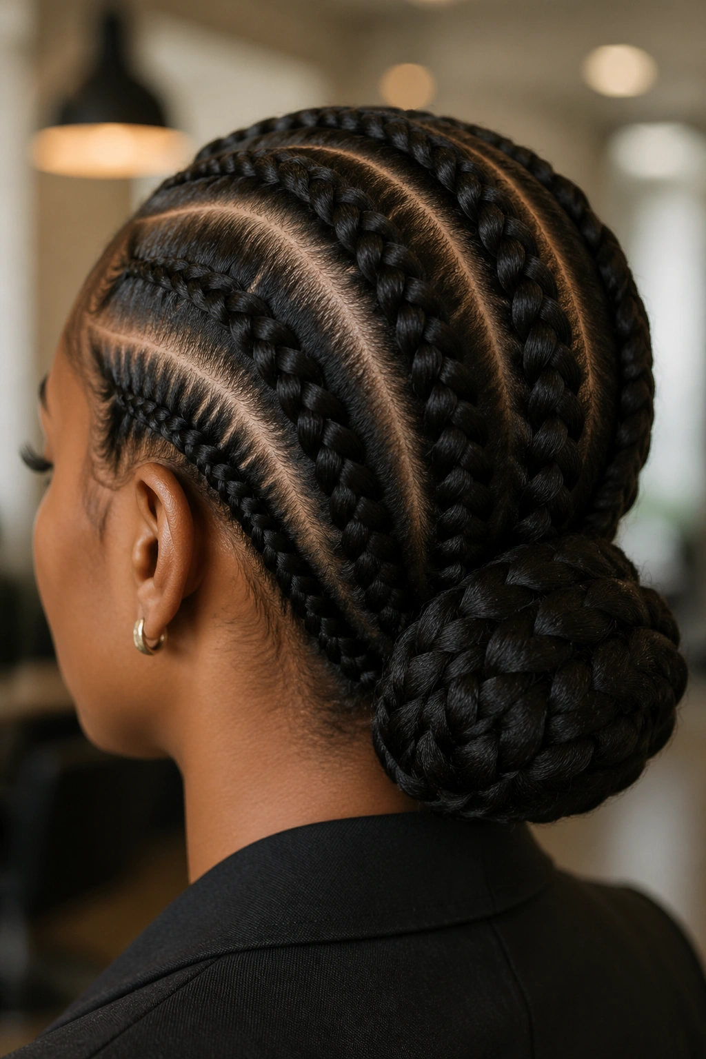 Low curved bun cornrows with three feed-in rows on a real woman
