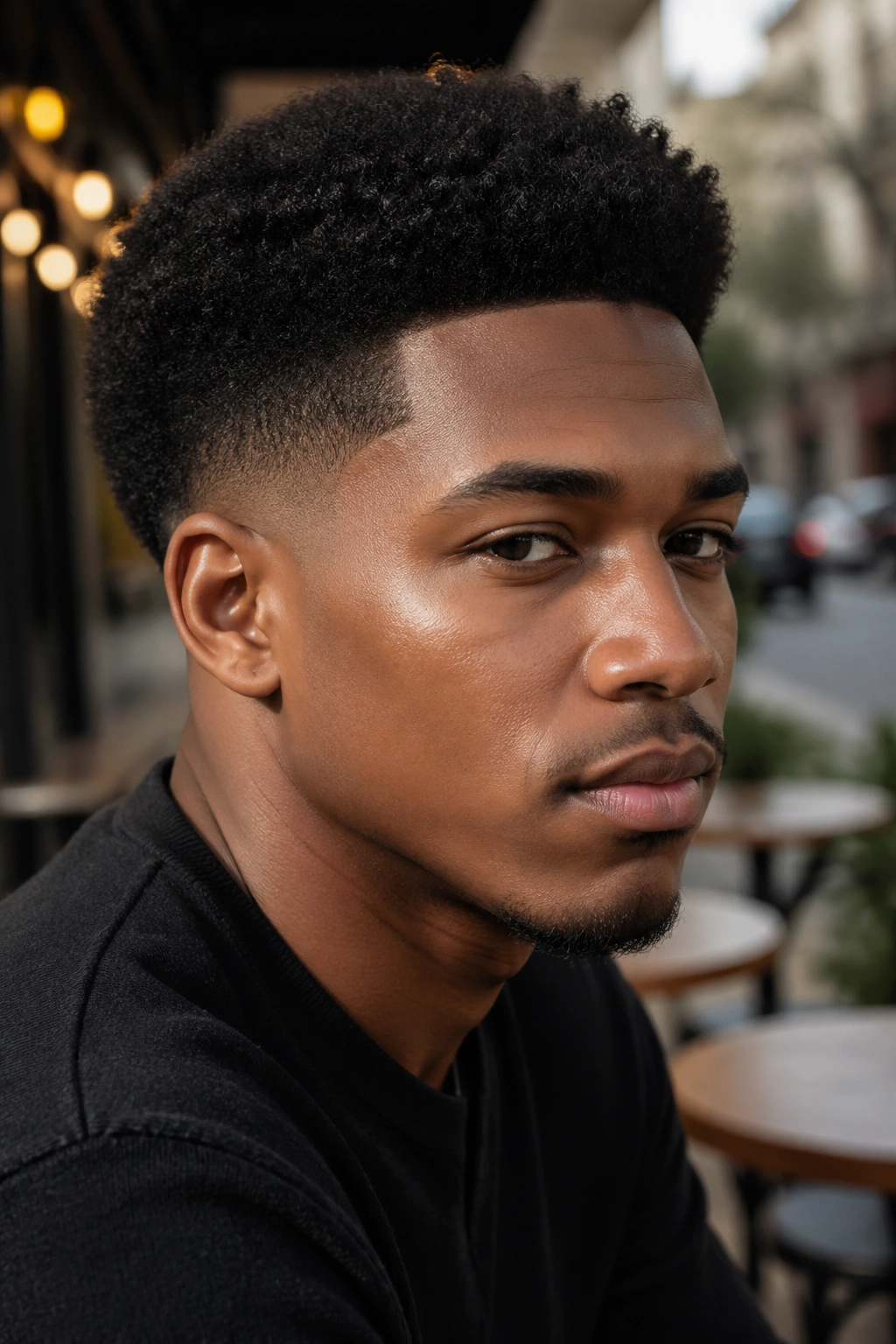 Close-up portrait of a person with a low fade and natural crown against warm outdoor light