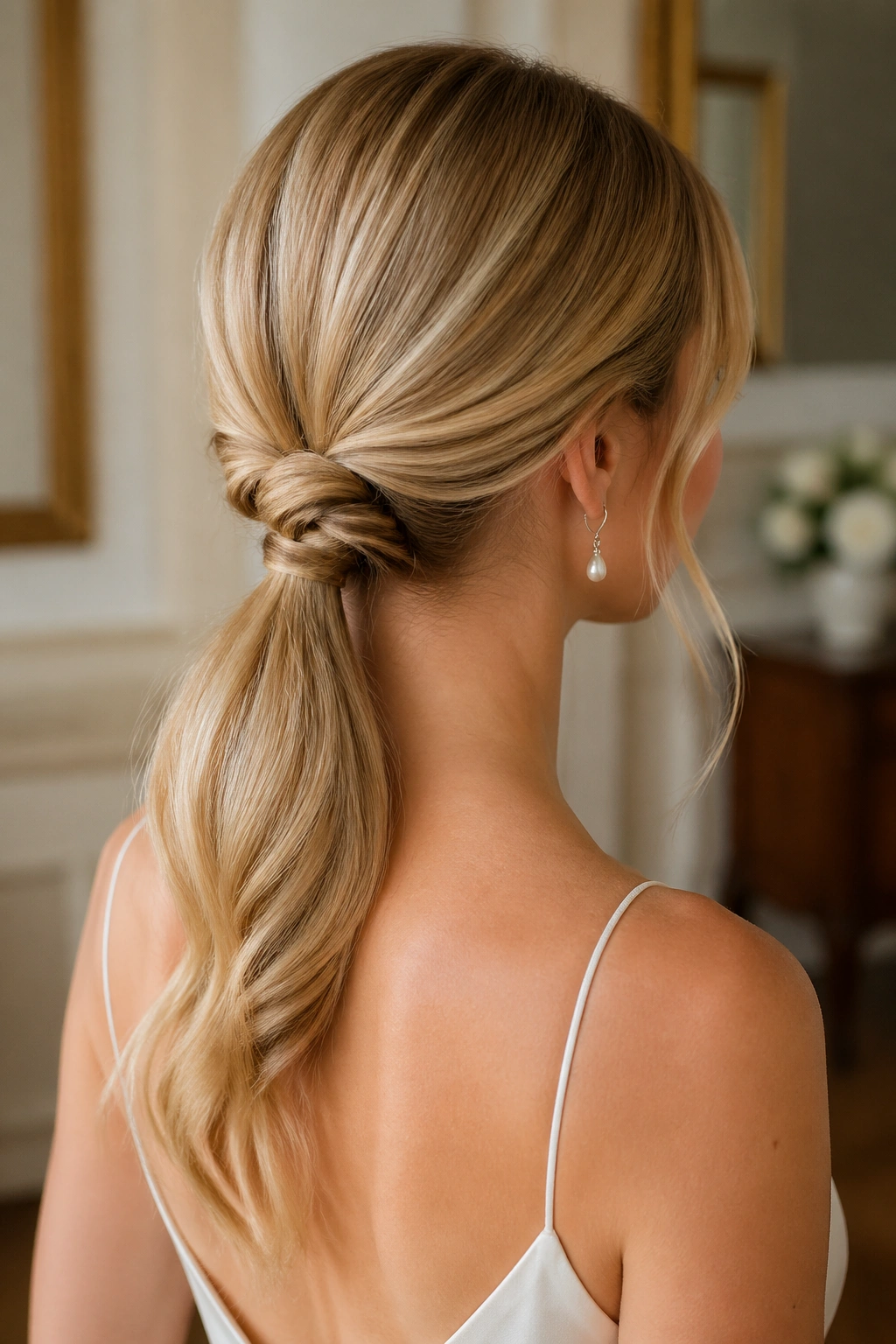 Close-up of low knot-tail ponytail on a real head