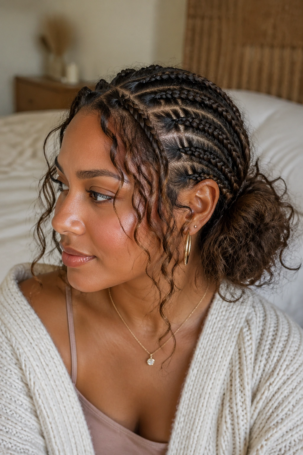 Low messy bun boho cornrows on a real woman