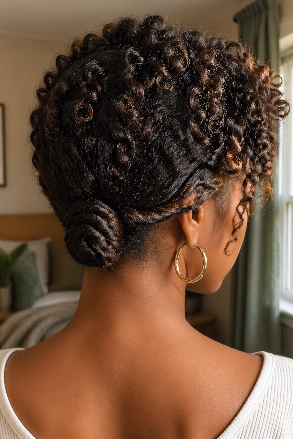 Close-up of a real woman's low nape twist knot with natural curls