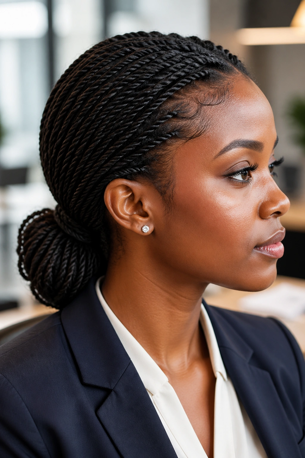 Close-up of a real woman with a low nape twist ponytail in an office setting