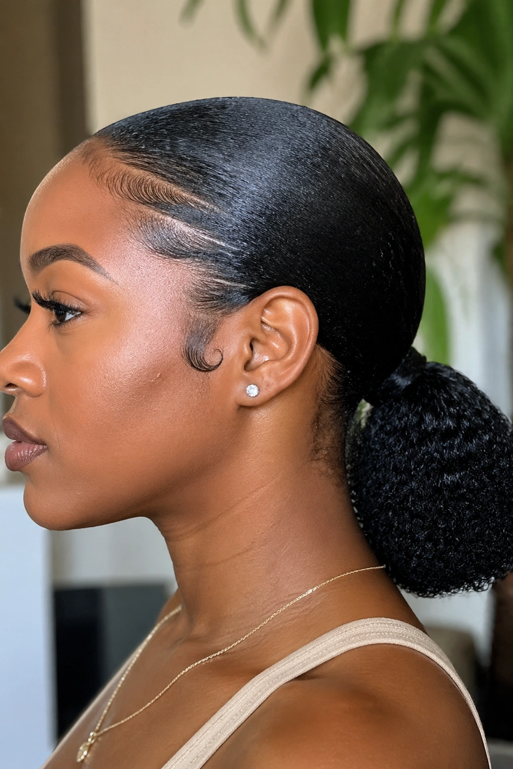 Side profile of a woman with a low slicked-back pony and laid edges
