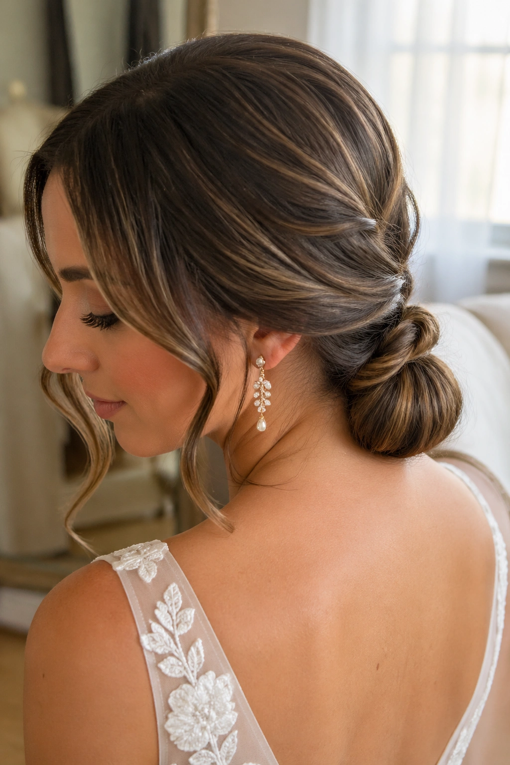 Close-up of a real bride with a low pony wrapped into a knot and hidden elastic.