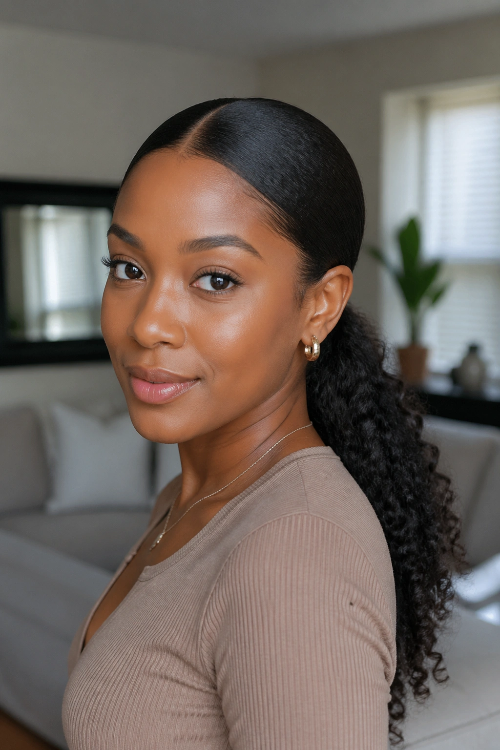 Close-up of a real woman with a sleek low ponytail and a centered part