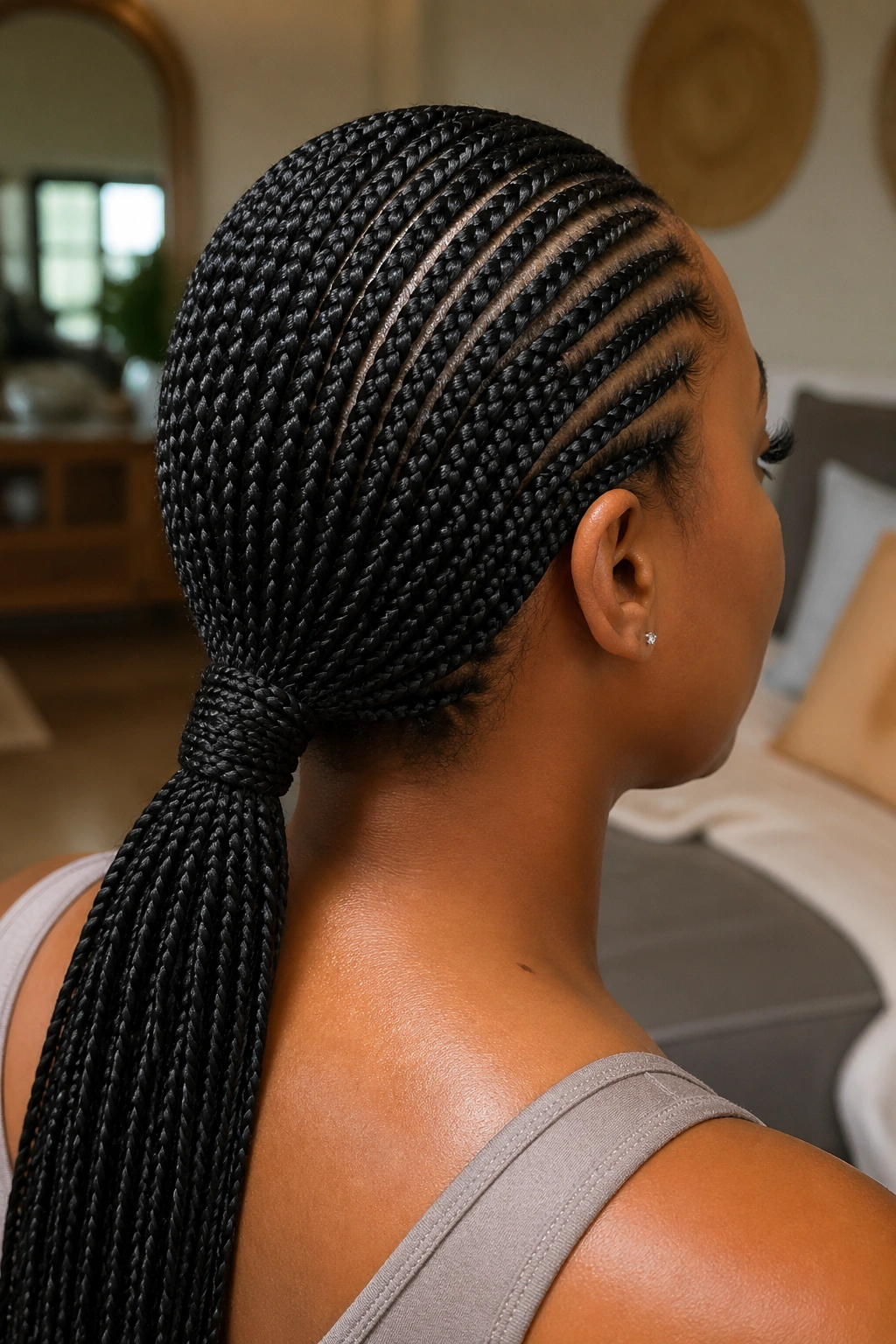 Low ponytail created from all-back cornrows at the nape of the neck.