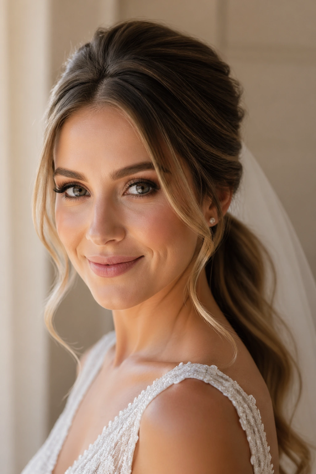 Close-up of a real bride showing a low ponytail with a voluminous crown and veil behind.