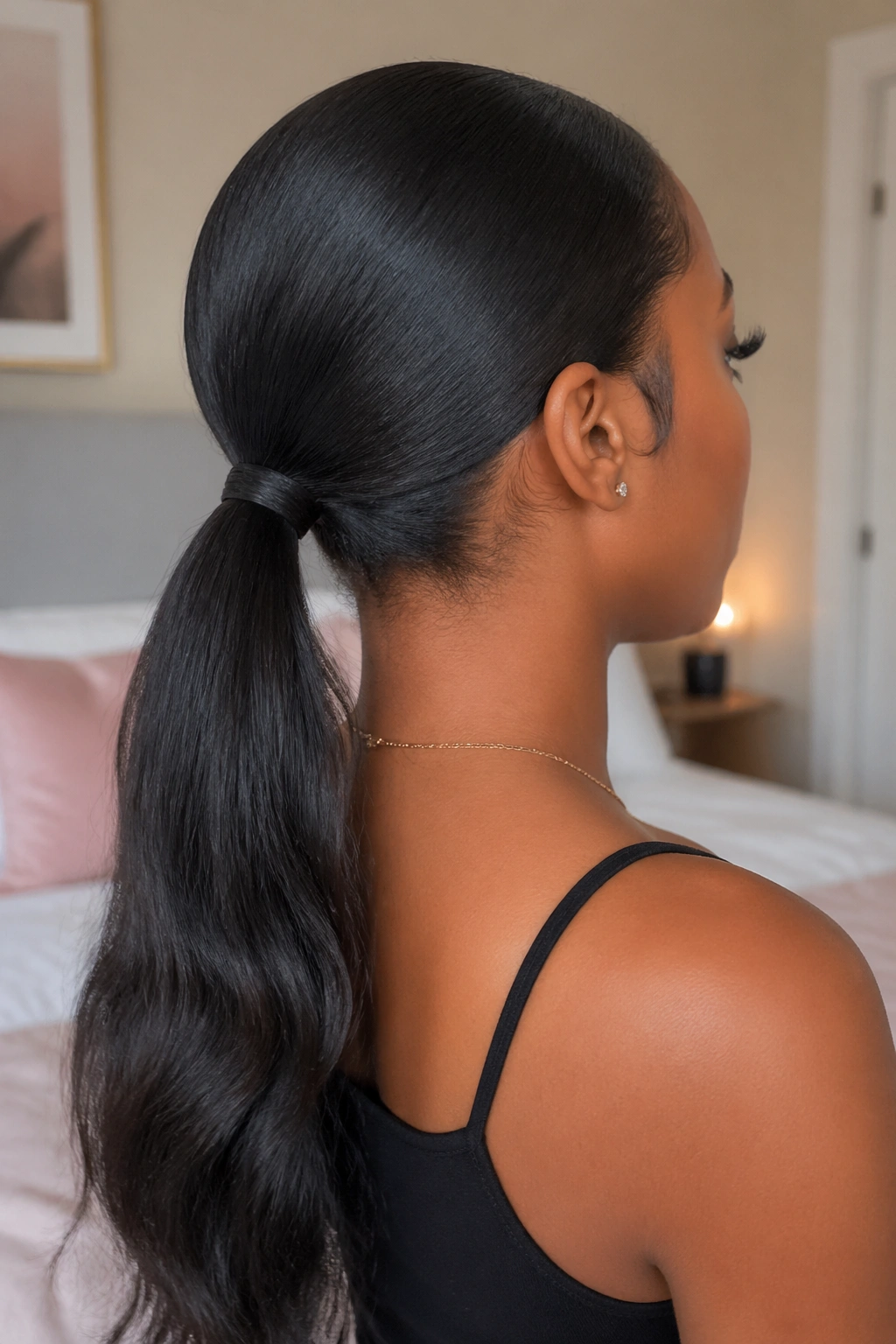 Rear view of a real Black woman with a seamless low ponytail and invisible closure at the crown