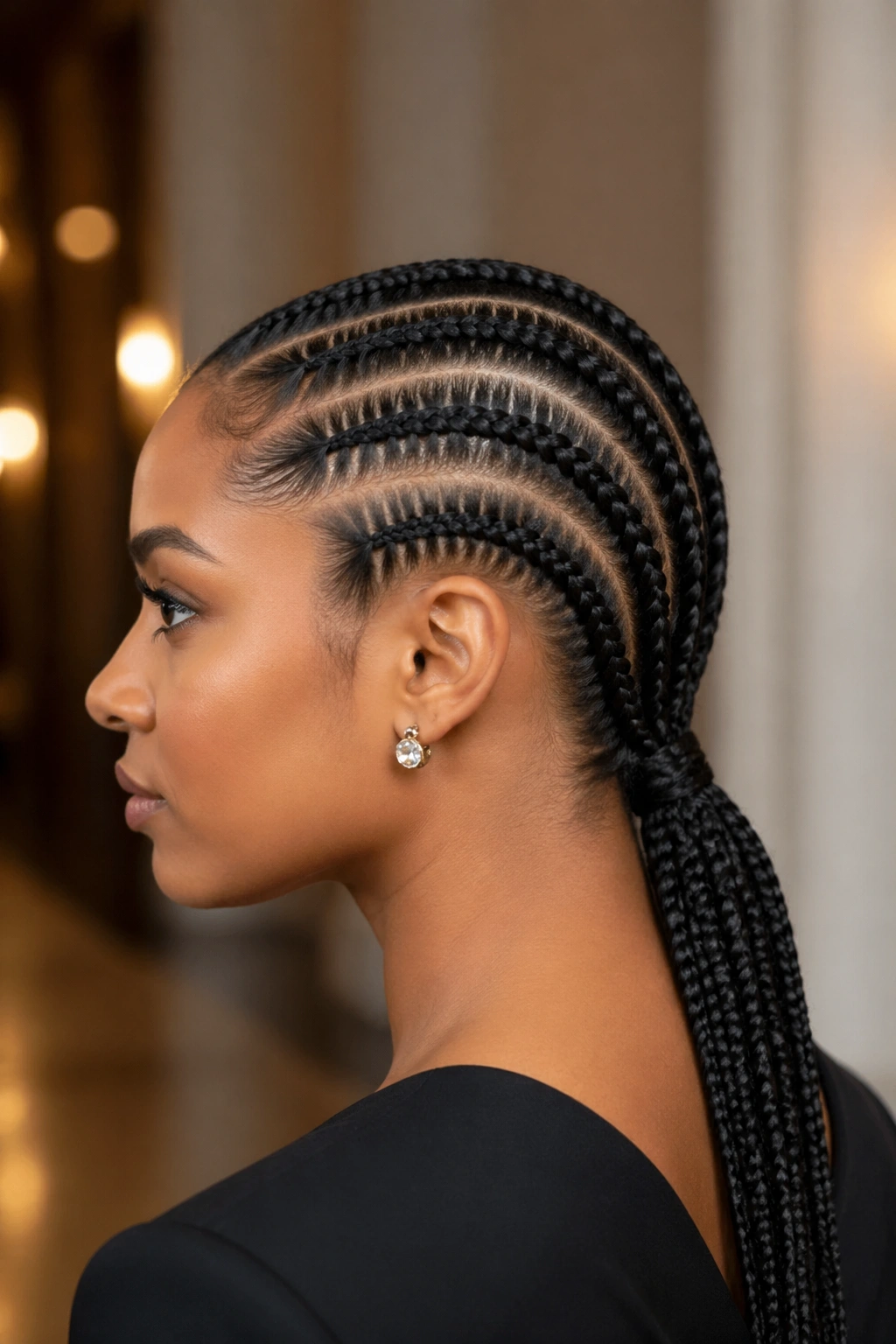 Real woman with five straight backs gathered into a low ponytail at the nape