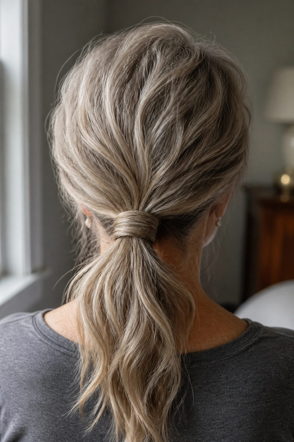 Back view of a woman with a low ponytail and wrapped hair at the elastic.