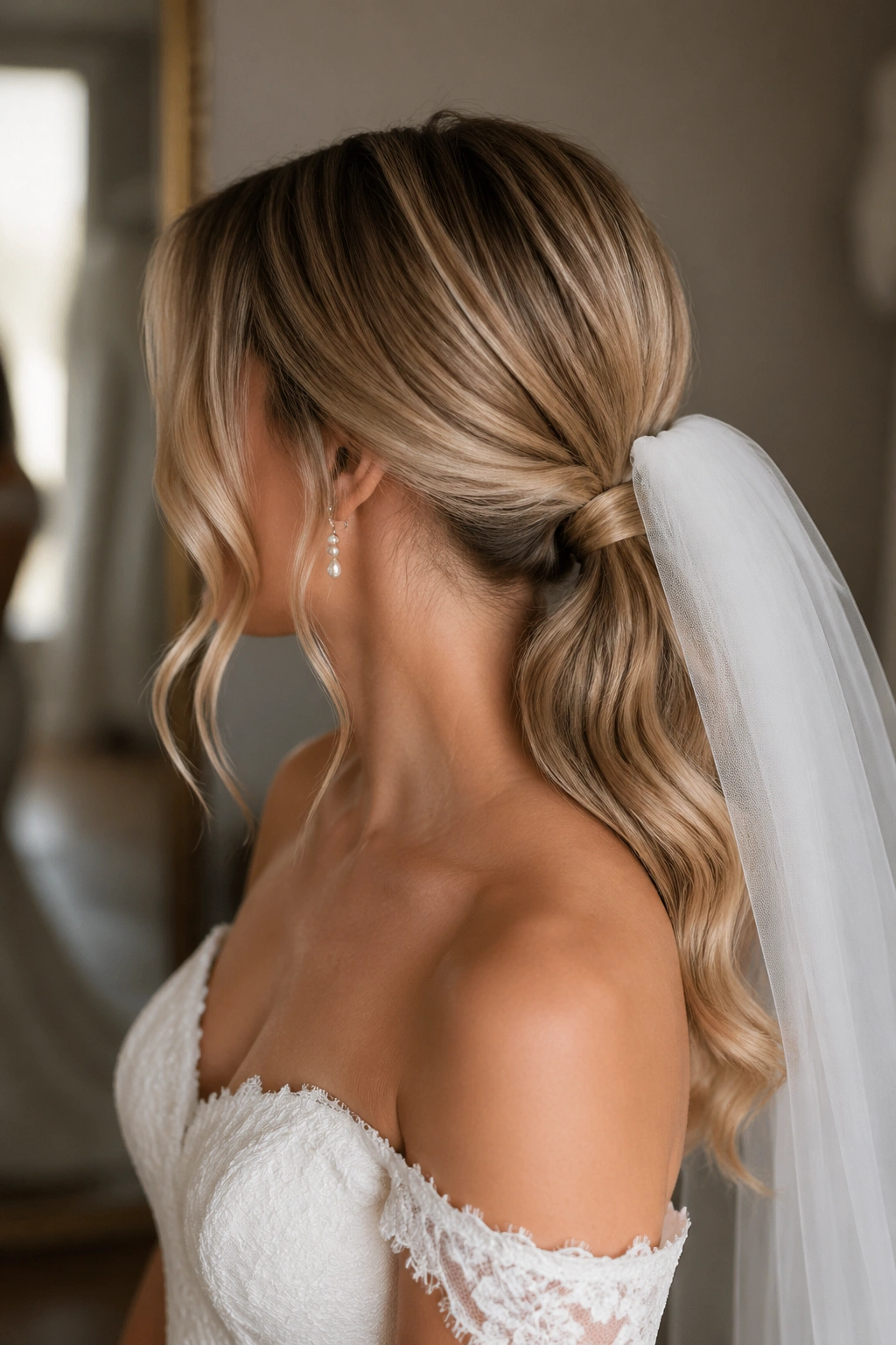 Close-up of bride with low ponytail and veil placement