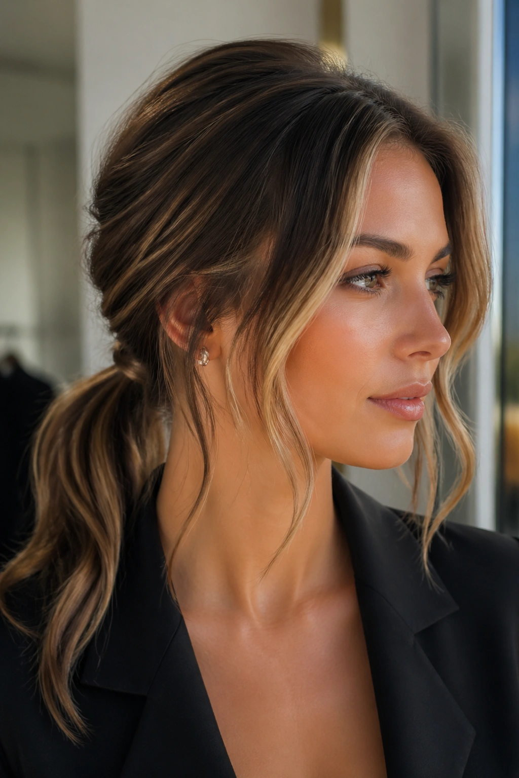 Portrait of a woman with a low ponytail and face-framing waves
