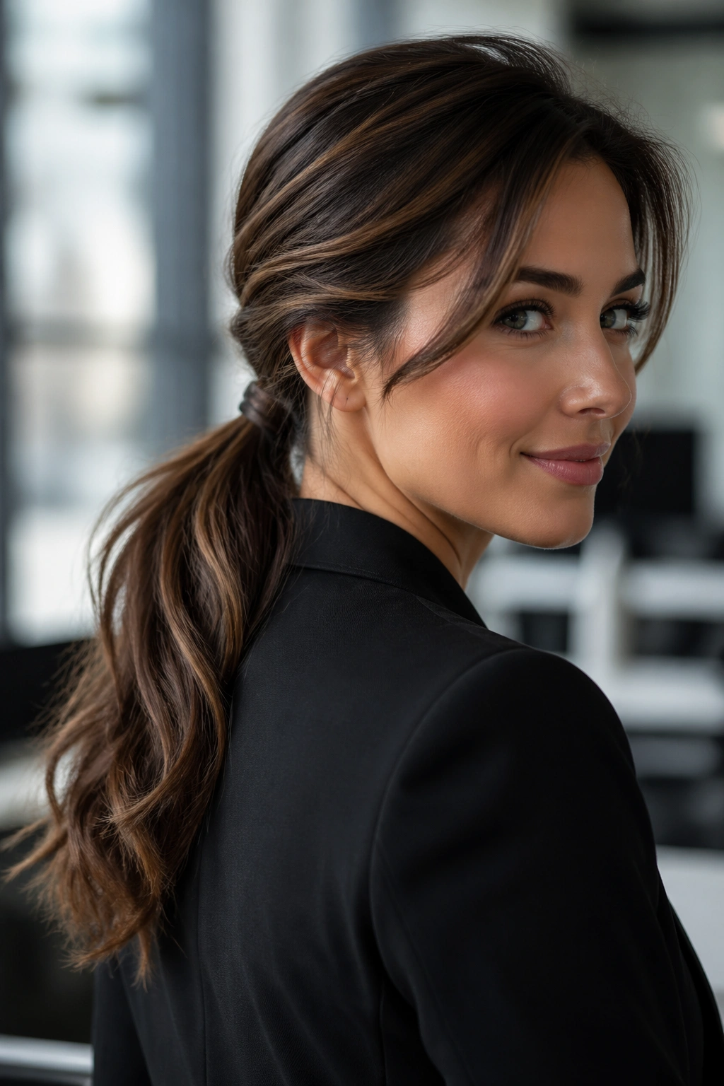 Close-up of a real woman with a low ponytail and wavy length
