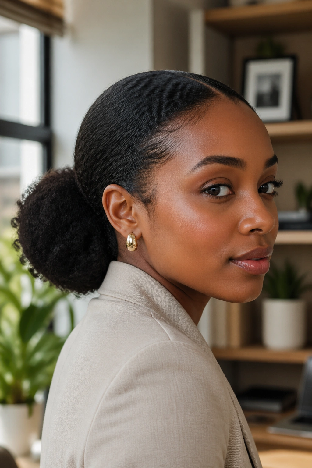 Real woman with a low puff at the nape for a polished look