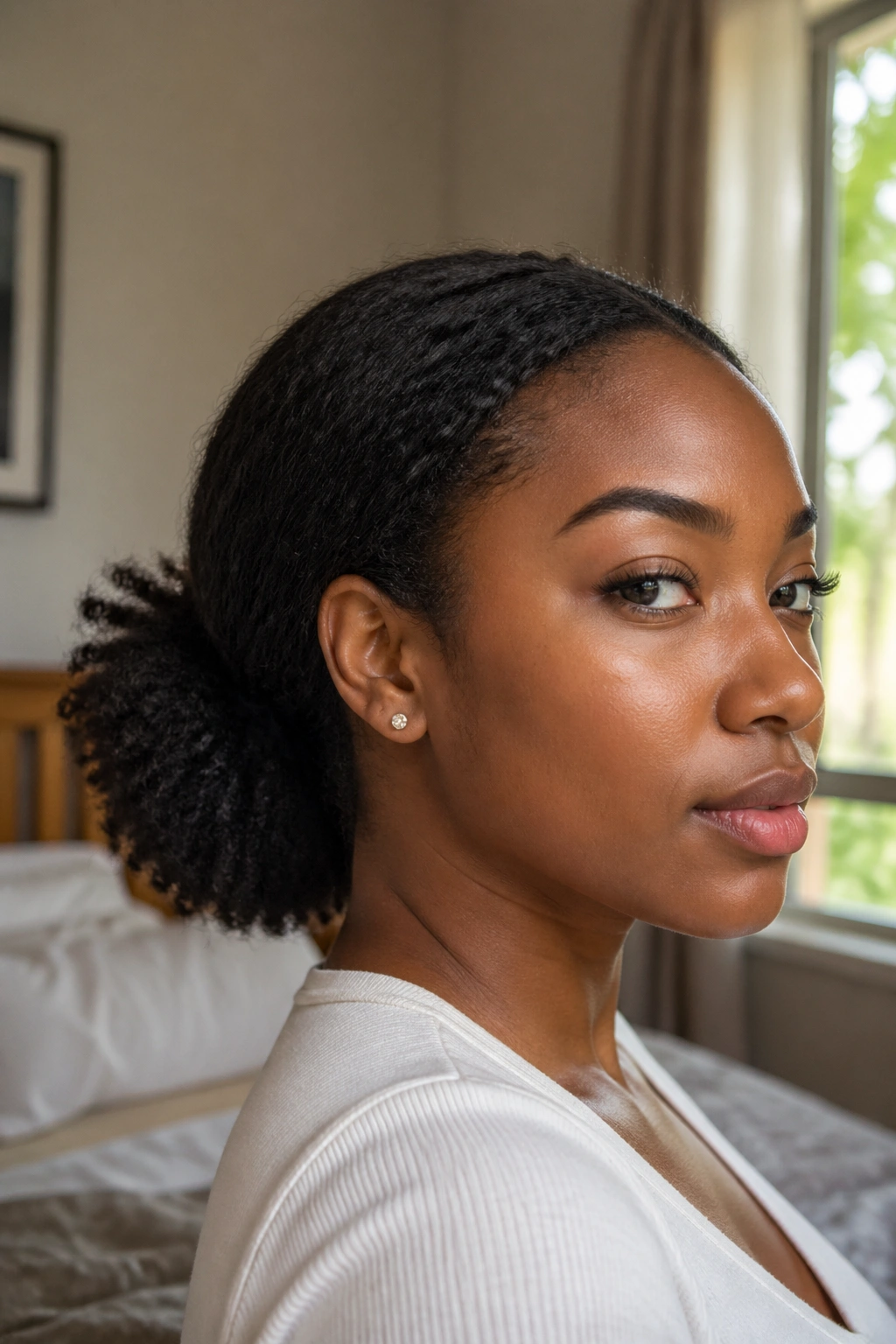Close-up of a real woman with a low puff at the nape and curls fanning at the back