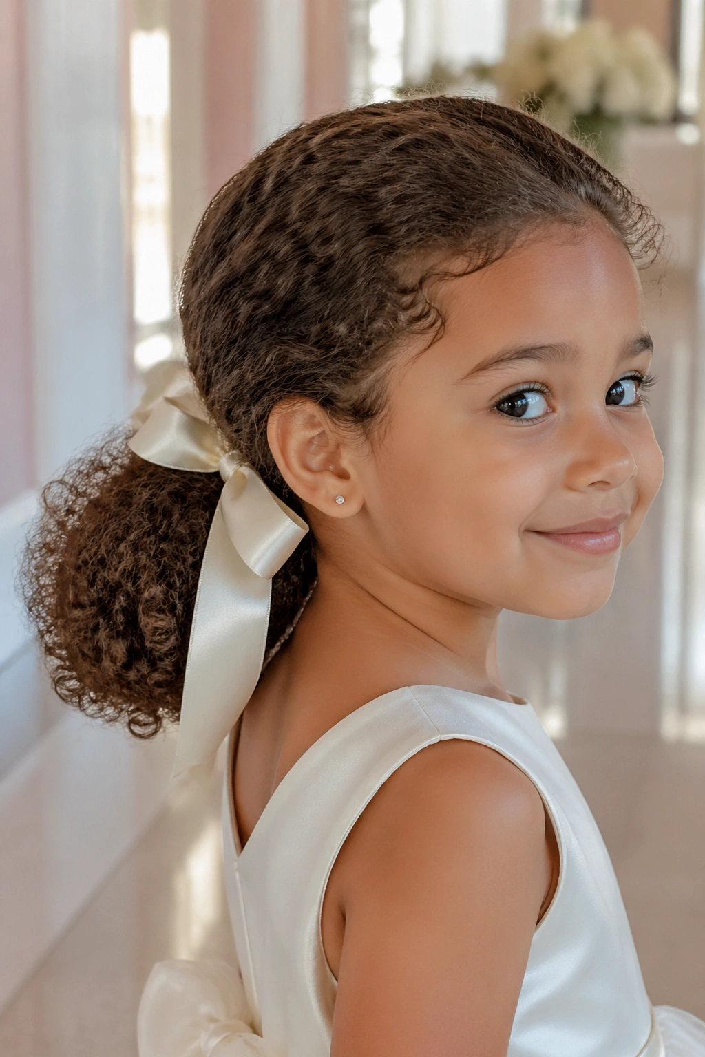 Close-up of a real child with a low puff ponytail tied with a satin ribbon