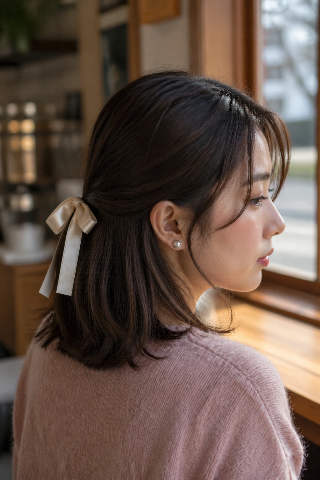 Close-up of a real woman wearing a Low Ribbon Half Ponytail with a visible satin ribbon at the nape.