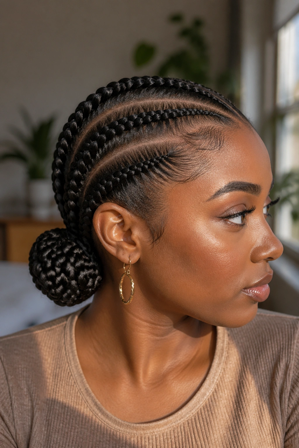 Close-up of a woman with three thick feed-ins into a low side bun