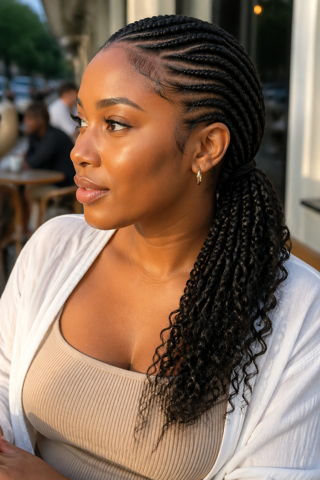 Close-up portrait of a real person with a low side cornrow ponytail in warm outdoor light.