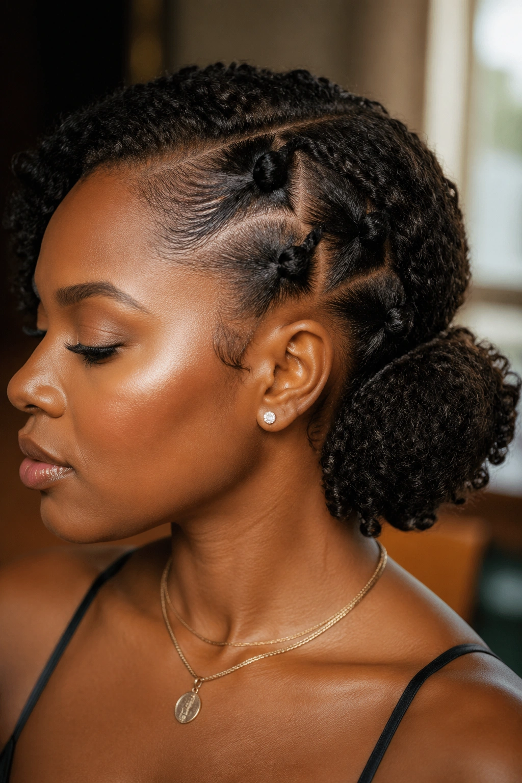 Close-up of a real woman with a low side updo and knotted sections