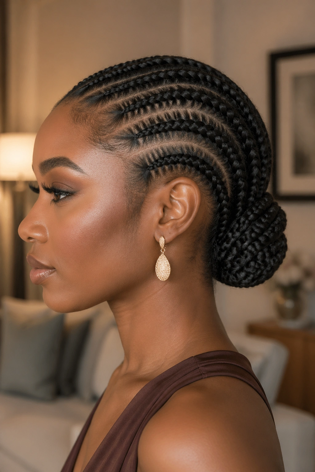 Side-profile of low swoop cornrow chignon on a real person