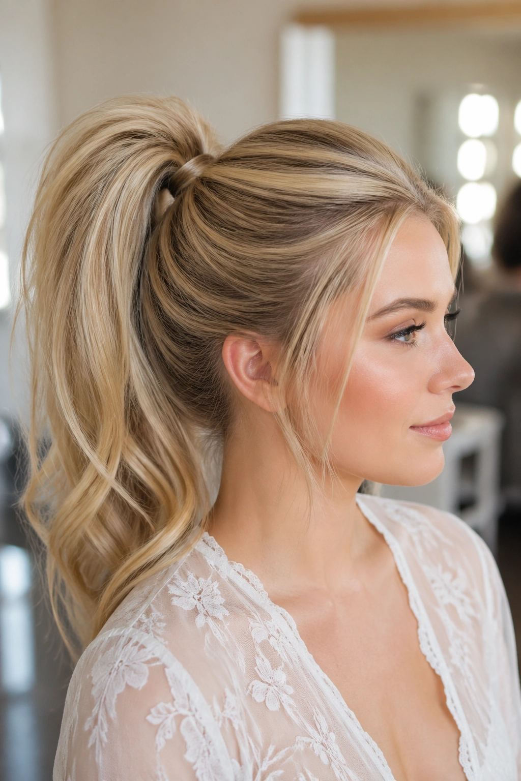 Real bride with low-tension high ponytail for fine hair