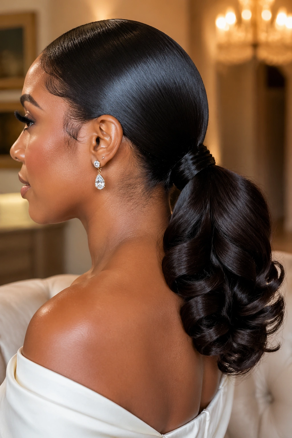 Close-up of a real woman with a low tucked ponytail and barrel curls