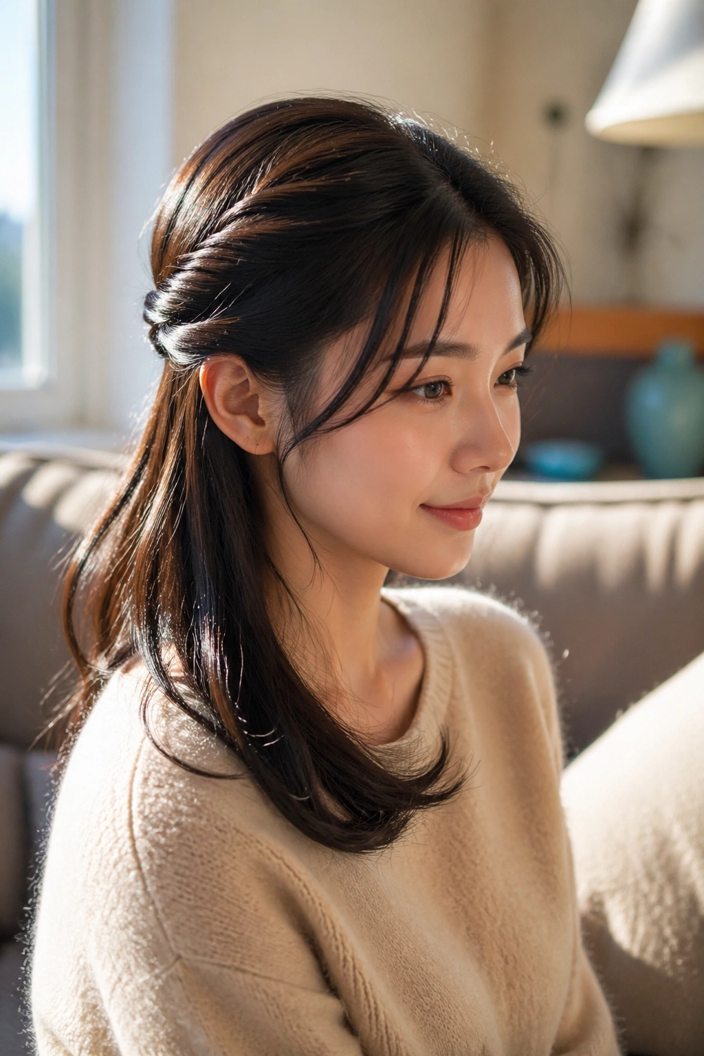 Close-up of a real woman with a romantic low twist half ponytail in a cozy room