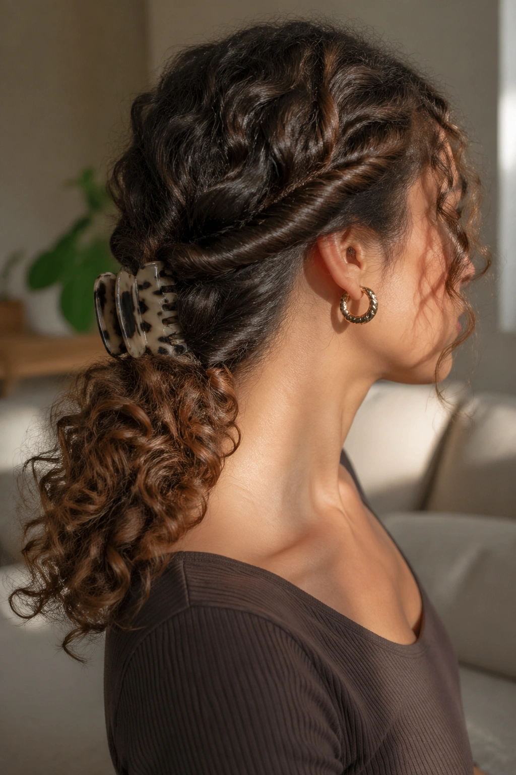 Close-up of a real woman with a low twisted claw clip ponytail at the nape