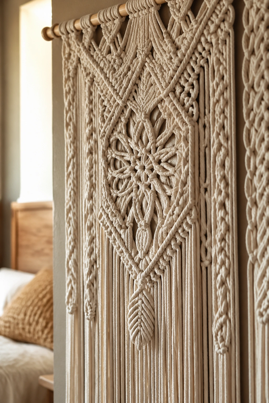 Close-up of a natural off-white macramé wall hanging on a softly lit bedroom wall.