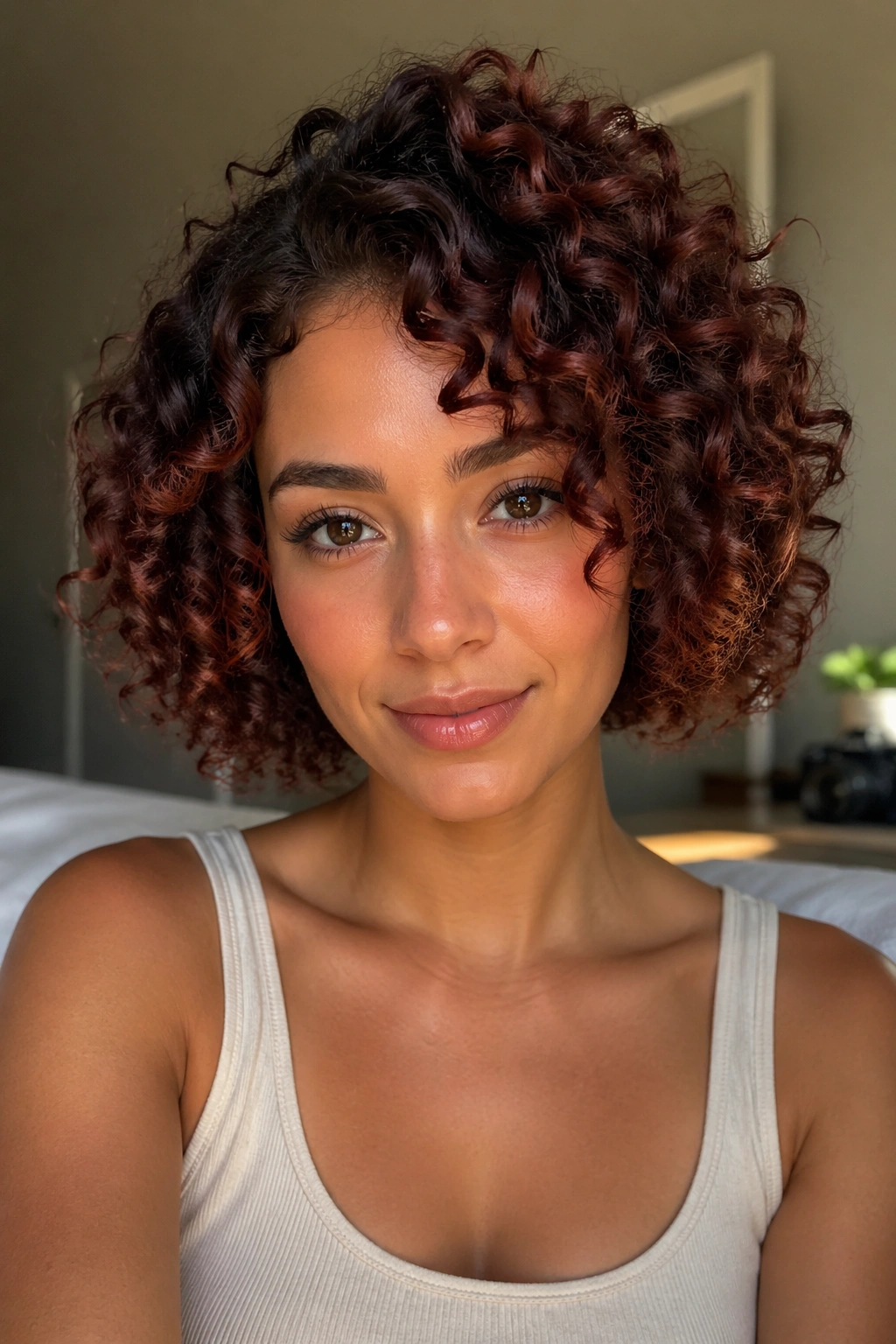 Close-up portrait of a real woman with mahogany curly bob and defined ringlets