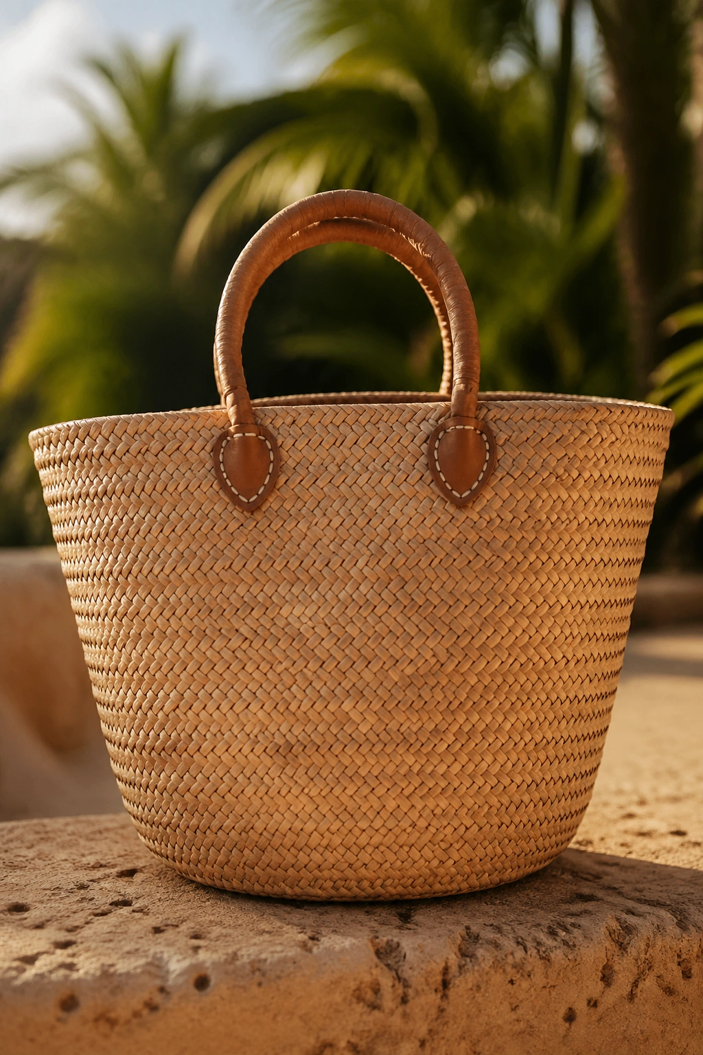 Woven market basket bag centered with soft outdoor background