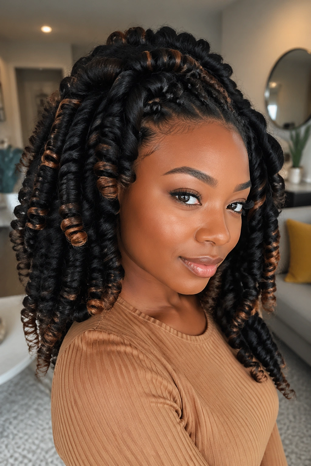 Close-up of a real person with Marley braid sock curl hybrid showing blended textures
