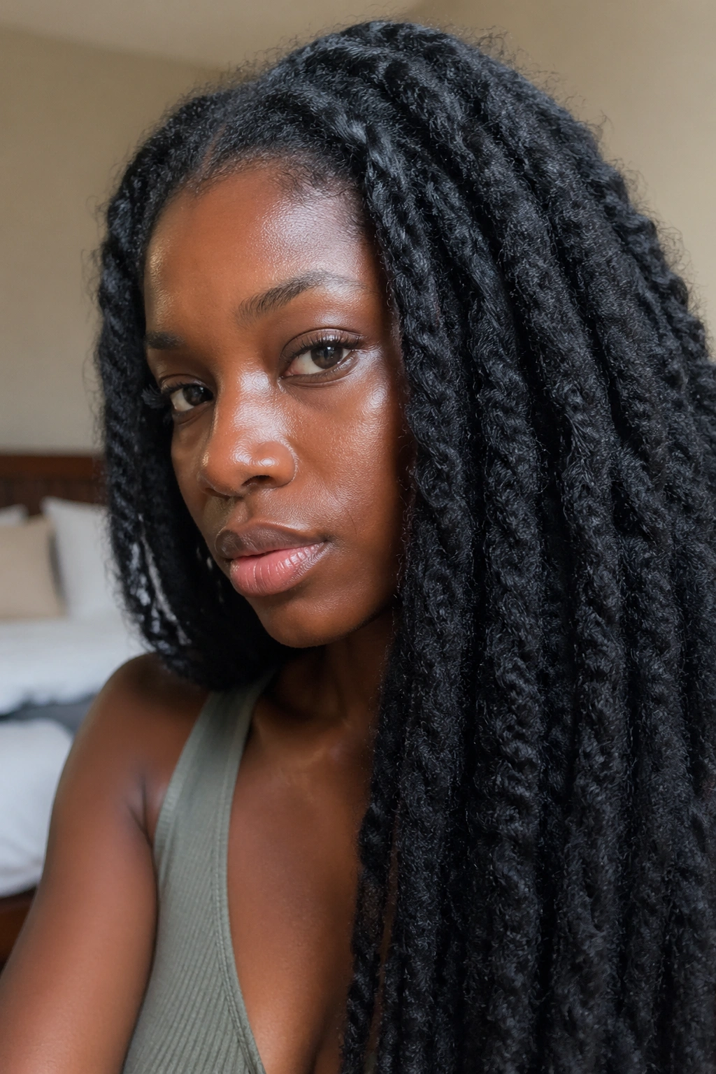 Close-up of real person's Marley hair texture showing coarse crimp