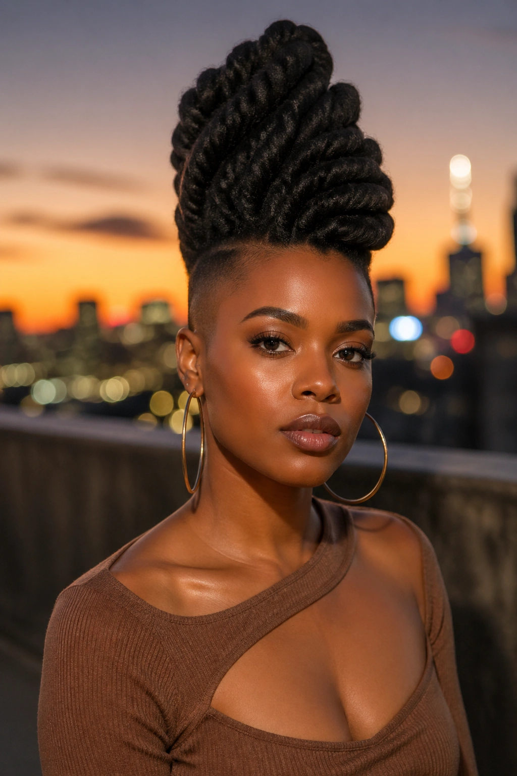 Front-facing portrait of real woman with Marley hair twisted into a Mohawk